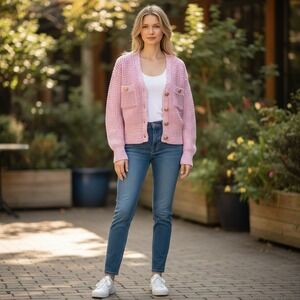 Majorelle Pink White Marled Knit Gold Button Cardigan Sweater Small Preppy Boho